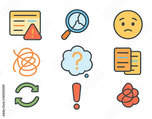 Misinformation Symbols Icons. Flat vector mini-illustrations Misinformation symbols in colors children's