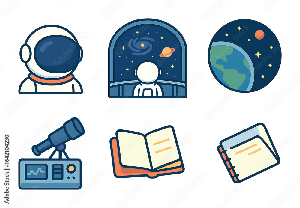 Obraz premium Galactic Observation Icons. Flat vector mini-illustrations An astronaut looking out at the galaxy from the