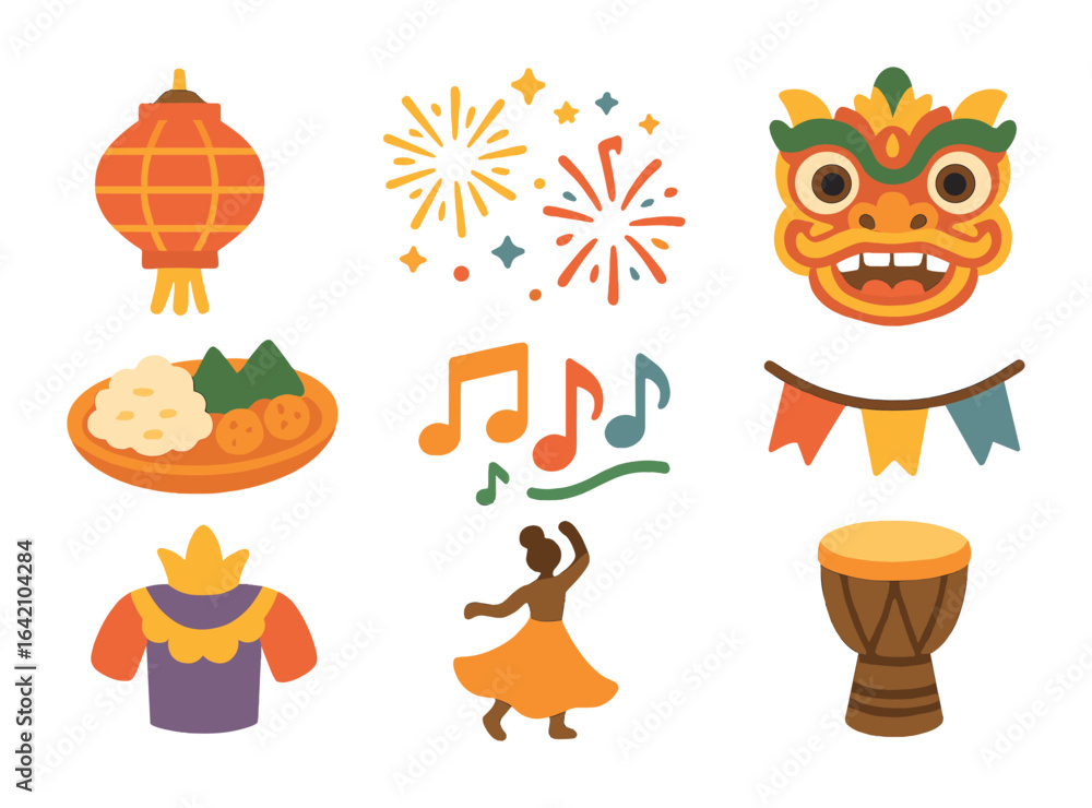 Obraz premium Festival Celebration Icons. Flat vector mini-illustrations Celebrating international festivals in colors