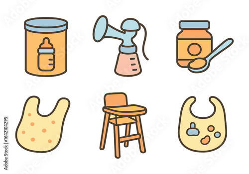 Baby Feeding Essentials. Flat vector mini-illustrations Baby feeding time in colors children's illustrations: