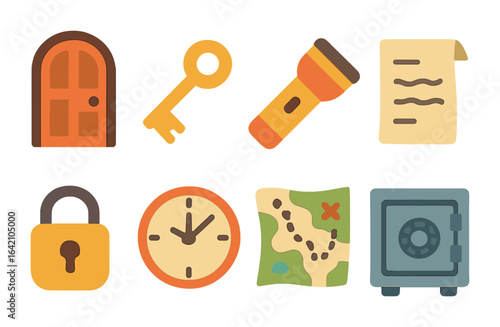 Escape Room Clues. Flat vector mini-illustrations escape room clues in colors children's illustrations: locked