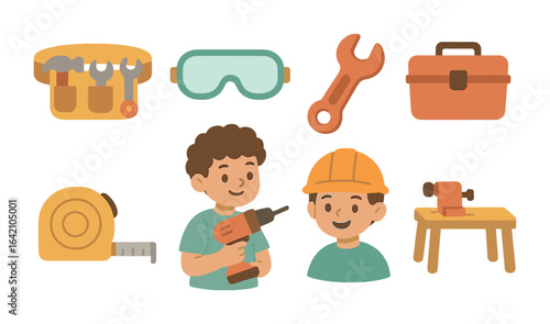 Kids' Tool Adventures. Flat vector mini-illustrations kids learning about tools in colors children's