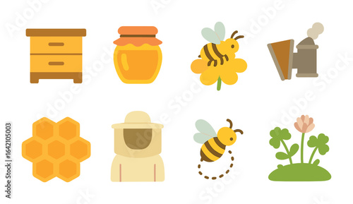 Beekeeping Kids' Illustrations. Flat vector mini-illustrations beekeeping on farms in colors children's