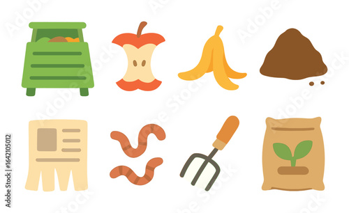 Home Composting Icons. Flat vector mini-illustrations composting at home in colors children's illustrations: