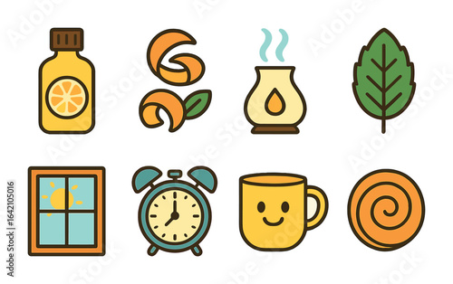 Energizing Aromas Grid. Flat vector mini-illustrations energizing morning aromas in colors children's