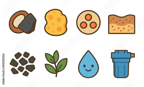 Eco Filtration Icons. Flat vector mini-illustrations eco-friendly filtration materials in colors children's