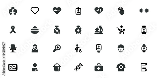 Patient Monitoring Icons Solid Black Vector Set – Healthcare Tracking, Medical Outcomes, Clinical Study, and Wellness Pictograms

