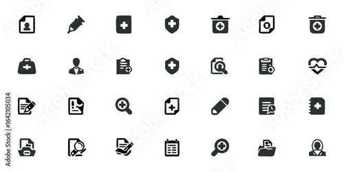 Medical Documentation Icons Solid Black Vector Pack – Clinical Study Records, Regulatory Compliance, Healthcare Paperwork, and Research Symbols

