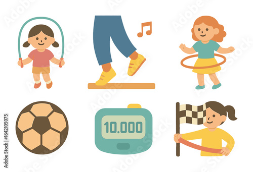 Kids' Activity Icons. Flat vector mini-illustrations physical activity and movement in colors children's