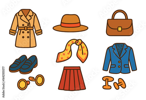 Classic Fashion Icons. Flat vector mini-illustrations classic fashion elements in colors children's
