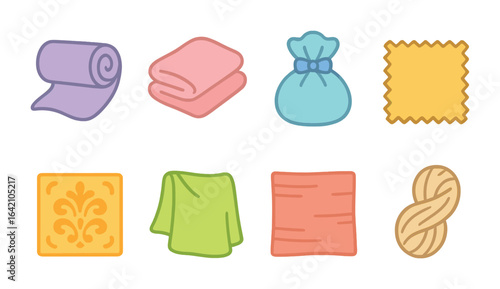 Silk Fabric Types. Flat vector mini-illustrations types of silk fabric in colors children's illustrations: