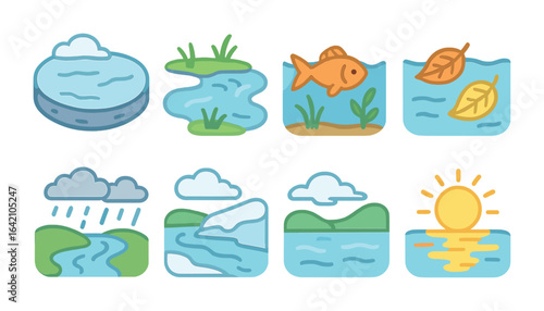 Seasonal Freshwater Icons. Flat vector mini-illustrations seasonal changes in freshwater habitats in colors