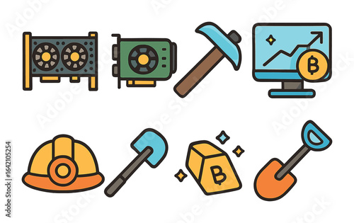 Crypto Tools Icons. Flat vector mini-illustrations crypto mining tools in colors children's illustrations: