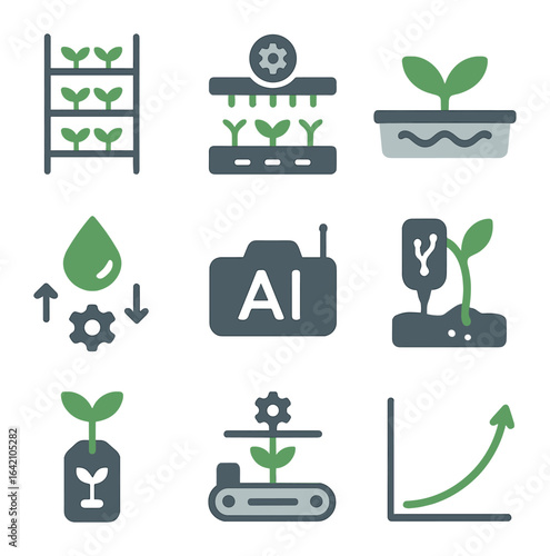 AI in Vertical Farming. Flat icon set of AI in vertical farming: shelf system, light regulation, hydroponic