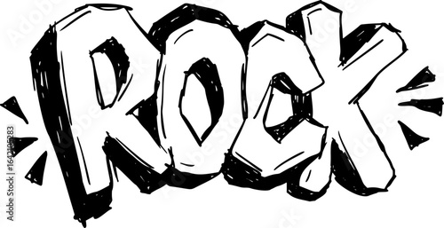 Rock word sketch with rugged stone style. Black and white drawing perfect for graphic projects.