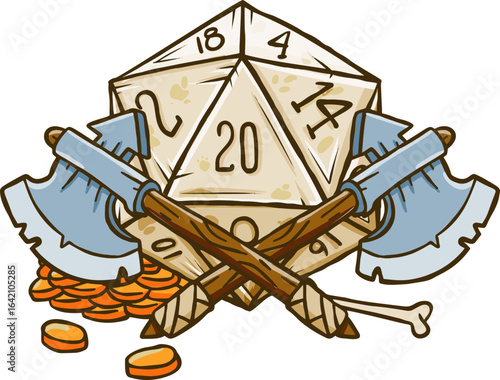 D20 die and war axe. Cartoon fantasy items for DND gaming. Adventure weapon, board game sticker
