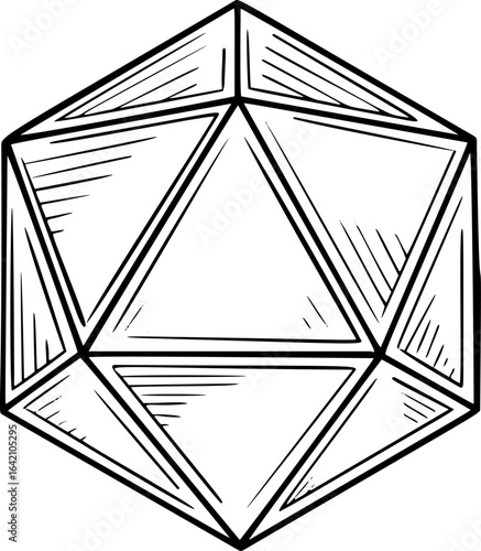D20 dice sketch for DND game. Black and white drawing of icosahedron for tabletop roleplay. Fantasy RPG adventure