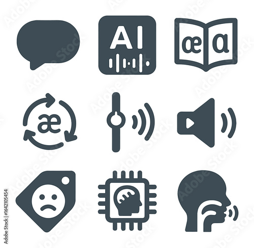 Voice Synthesis Icons. Flat icon set of voice synthesis models: speech bubble, waveform AI, TTS icon, phoneme