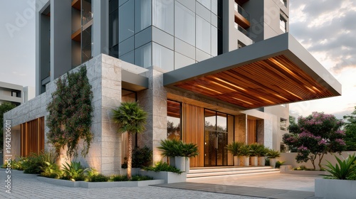 Wallpaper Mural Luxury residential apartment building modern architecture with glass and stone warm colors, exquisite design with green entrance Torontodigital.ca
