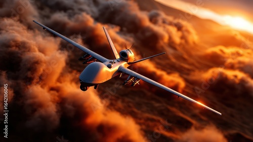 A military reconnaissance drone flying over a battlefield