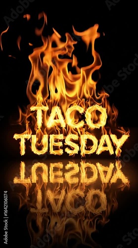 Taco Tuesday sign - fire font letters, animated flames isolated on black background - vertical for social reel, story or post by restaurant.