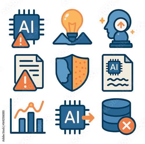 AI Hallucination Icons. Flat icon set of AI hallucinations: error icon, unrealistic object, false prediction,