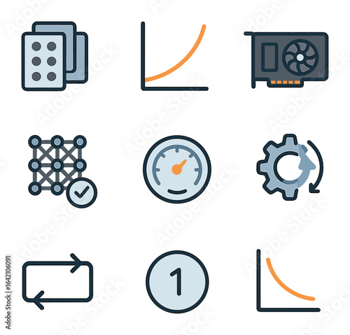 AI Model Icons. Flat icon set of AI model training process: data batch, training curve, GPU icon, model