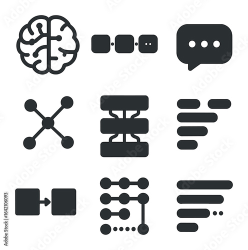 AI Icon Set. Flat icon set of large language models: LLM brain, token sequence, AI response bubble, vector