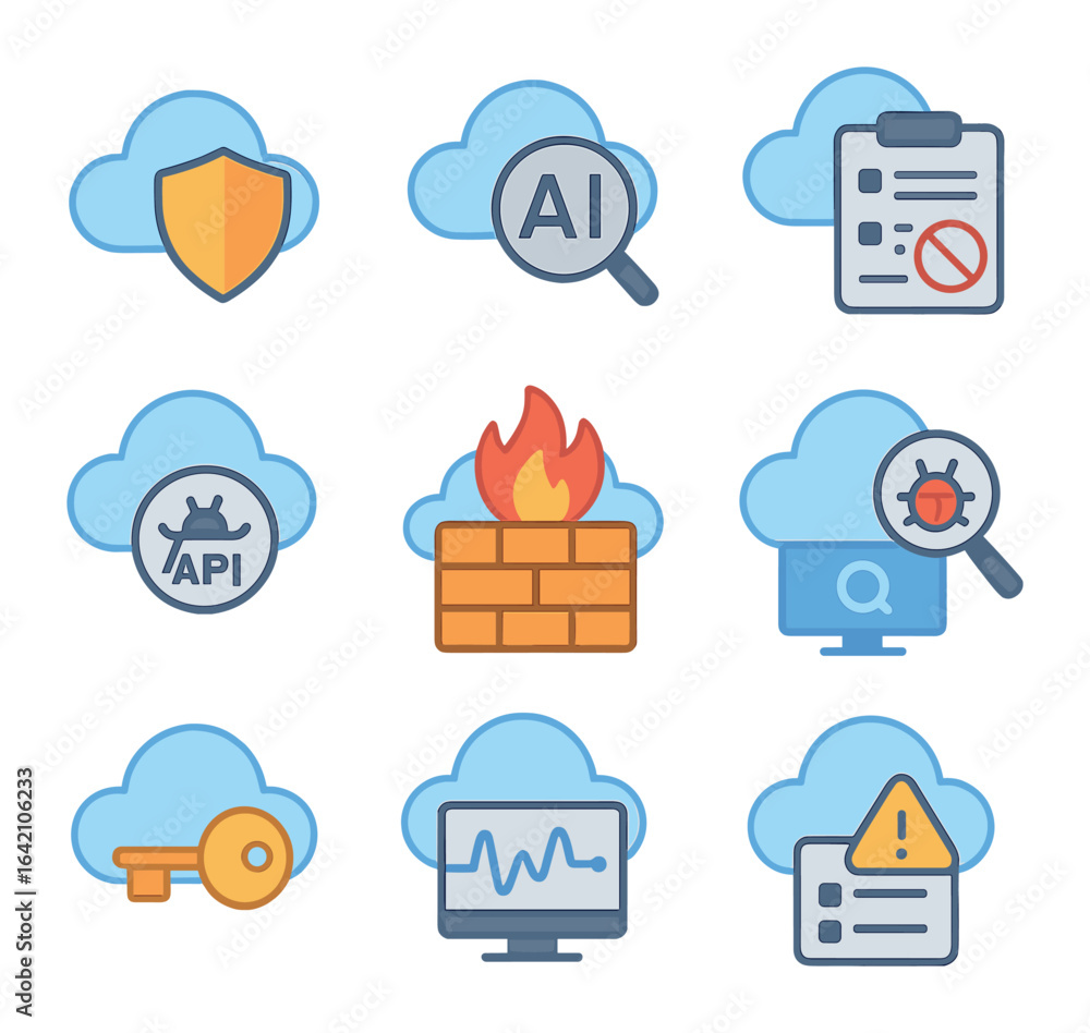 Fototapeta premium Cloud Security Icon Set. Flat icon set of cloud security with AI: cloud shield, AI audit, data access policy,
