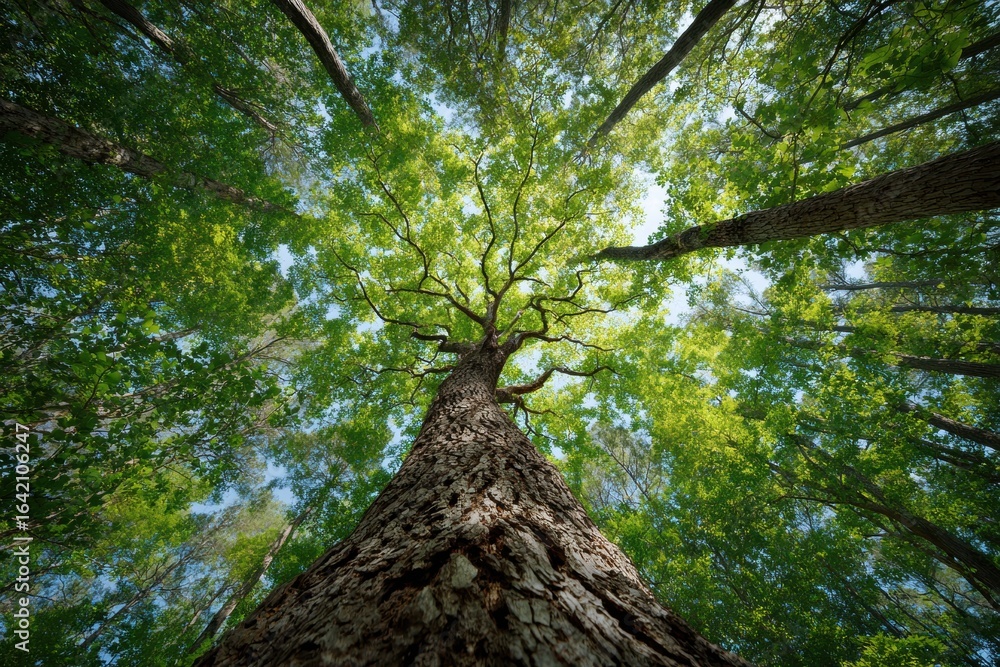Naklejka premium Photograph of a tall tree, view from the forest floor, wide angle shot