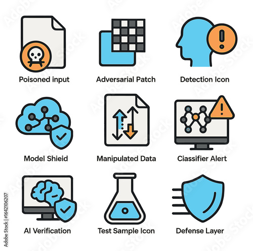 Adversarial Defense Icons. Flat icon set of adversarial attack detection: poisoned input, adversarial patch,