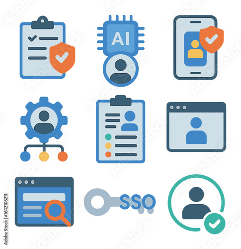 AI Access Control Icons. Flat icon set of AI-enhanced user access control: access policy, AI identity match,