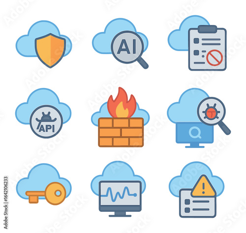Cloud Security Icon Set. Flat icon set of cloud security with AI: cloud shield, AI audit, data access policy,