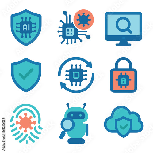 AI Antivirus Icons. Flat icon set of AI-driven antivirus systems: AI shield, virus elimination, auto scan icon