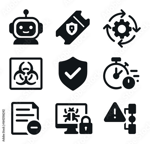 Automated Response Icons. Flat icon set of automated incident response: AI response bot, security ticket,