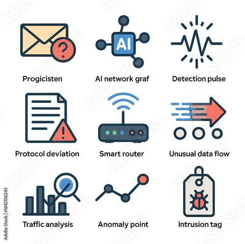 Network Anomaly Icons. Flat icon set of network anomaly detection: suspicious packet, AI network graph,