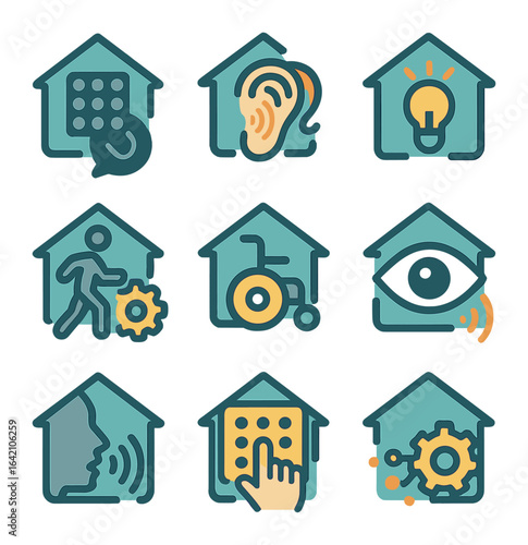 Smart Home Accessibility Icons. Flat icon set of accessibility features in smart homes: voice dial pad,