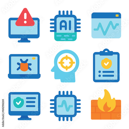 AI Cybersecurity Icons. Flat icon set of AI in cybersecurity monitoring: real-time alert, AI threat detector,