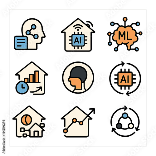 Smart Home Icons. Flat icon set of smart home AI learning systems: user pattern, home adaptation, machine