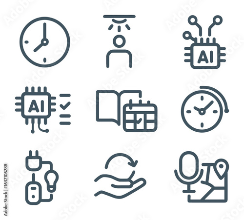 AI Automation Icons. Flat icon set of AI-powered routines: time-based automation, occupancy sensor, AI-driven