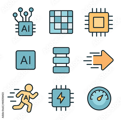 AI Accelerator Icons. Flat icon set of AI accelerators: inference engine, matrix multiplication core, custom