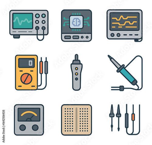 AI Lab Equipment Icons. Flat icon set of AI lab equipment: oscilloscope, test bench, logic analyzer,