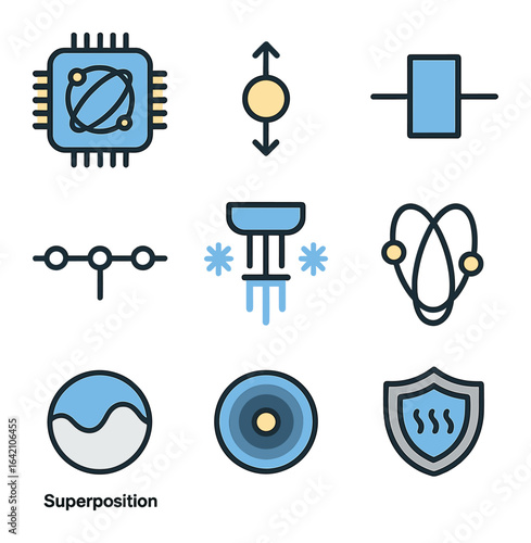 Quantum Processor Icons. Flat icon set of quantum AI processors: quantum chip, qubit icon, quantum gate,