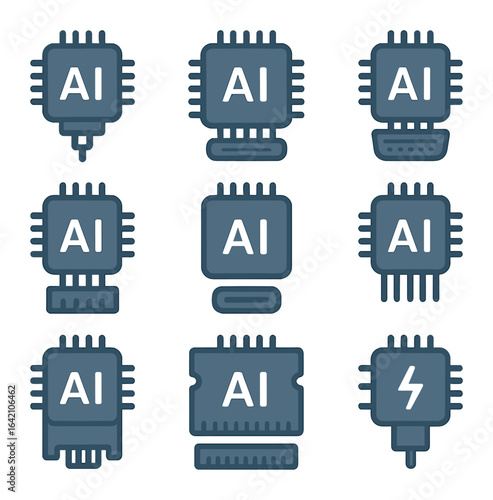 AI Chip Interface Icons. Flat icon set of AI chip interfaces: I2C port, SPI icon, UART connector, PCIe lane,