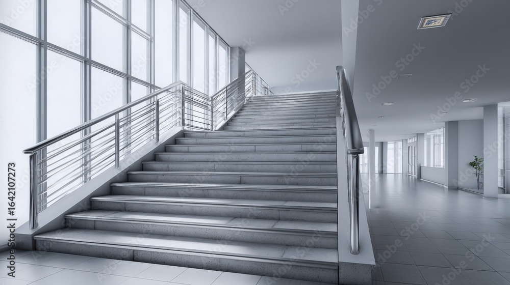 Obraz premium Modern Staircase in Bright Interior with Natural Light, Minimalist Architecture, and Contemporary Design