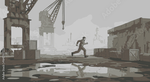 Mysterious man running through a desolate industrial shipyard, a cinematic scene of urgent escape reflected in puddles.
