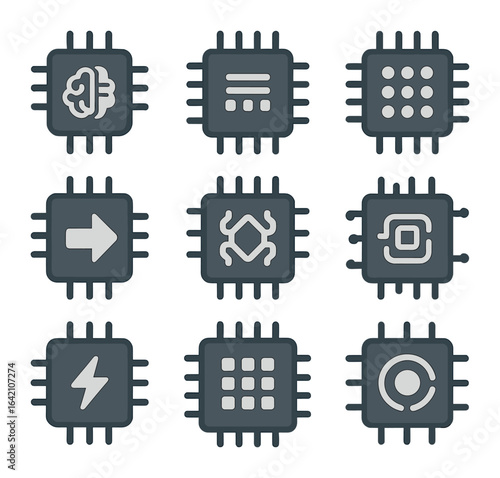 Neural Processor Icons. Flat icon set of neural processors: neural engine, parallel processing chip, vector