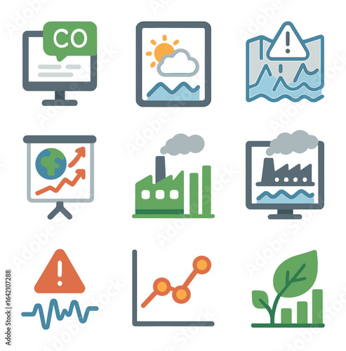 Environmental Forecast Icons. Flat icon set of environmental forecasting: air quality forecast, weather