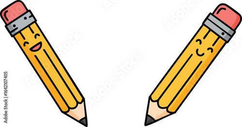 Happy smiling pencils with erasers and graphite tips in cheerful cartoon style vector illustration