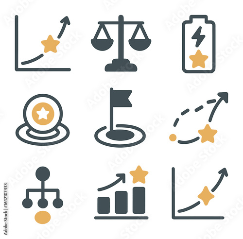 Reward Shaping Icons. Flat icon set of reward shaping: shaping function, reward scale, potential-based icon,